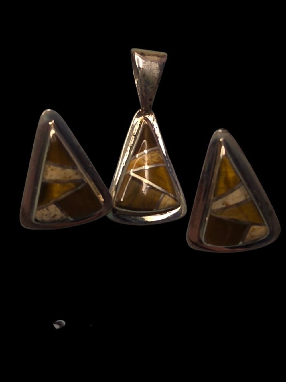 Vintage Sterling Silver Tiger's Eye Triangular Inlay Pendant Earrings Set RB NWT